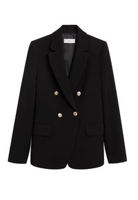 Blazer noir à double boutonnage, boutons dorés, revers crantés, deux poches frontales, et texture lisse. Style minimaliste.