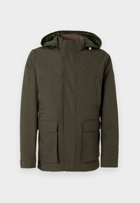 Olivovo zelená nepremokavá bunda so zipsom a cvokovým zapínaním, nastaviteľnou kapucňou a dvoma prednými vreckami. Hladká, odolná štruktúra látky.