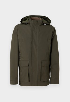 Olivgrüne wasserdichte Jacke mit Reißverschluss und Druckknopfverschluss, verstellbare Kapuze und zwei Vordertaschen. Glatte, langlebige Stoffoberfläche.