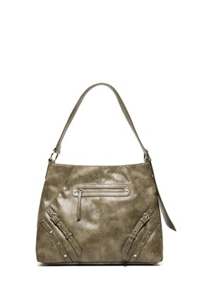 Sac bandoulière en cuir gris avec une sangle, une poche avant zippée et des sangles décoratives à boucles aux coins inférieurs.