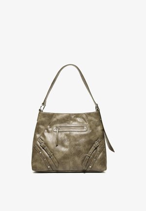 Sac bandoulière en cuir gris avec une sangle, une poche avant zippée et des sangles décoratives à boucles aux coins inférieurs.