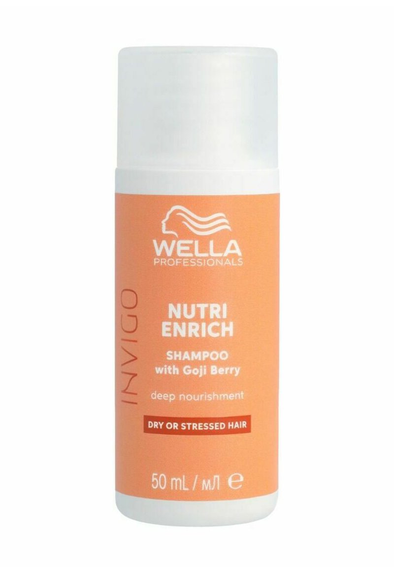 Wella Professionals Nutri Enrich shampoo in een 50 ml witte en oranje fles, met Goji-bes, gelabeld voor droog of gestrest haar.