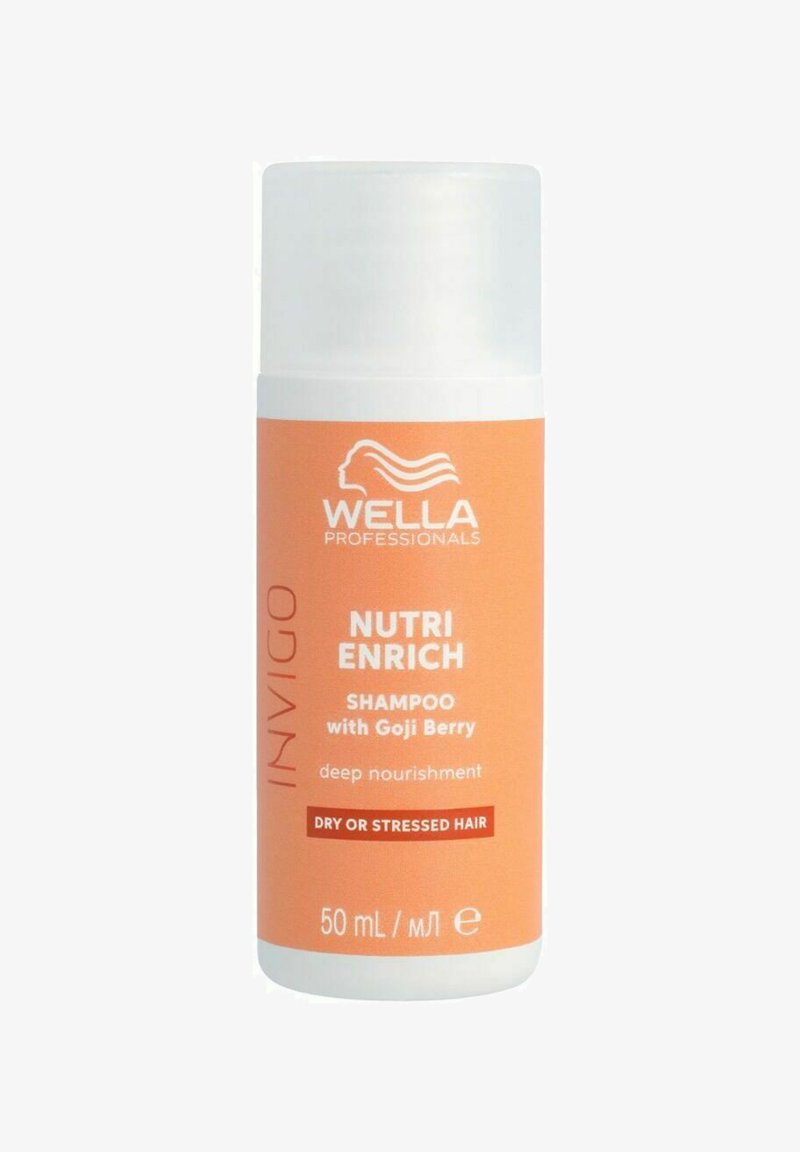 Wella Professionals Nutri Enrich shampoo in een 50 ml witte en oranje fles, met Goji-bes, gelabeld voor droog of gestrest haar.