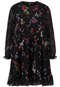 Schwarzes Kleid mit floralem Muster und langen Ärmeln, das verschiedene farbige Blumen zeigt. Es hat einen runden Halsausschnitt, einen gestuften Rüschensaum und geraffte Bündchen.