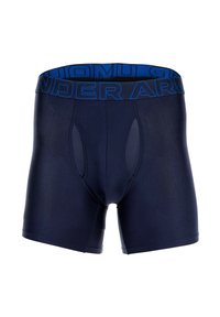 Marineblaue Boxershorts mit einem kontrastierenden blauen elastischen Bund, der das "Under Armour"-Logo trägt. Der Stoff ist glatt und dehnbar.