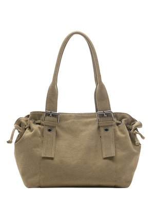 Borsa a mano in tela beige con due tracolle, dettagli con fibbie in metallo e chiusure laterali con coulisse.