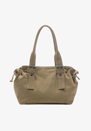 Borsa a mano in tela beige con due tracolle, dettagli con fibbie in metallo e chiusure laterali con coulisse.