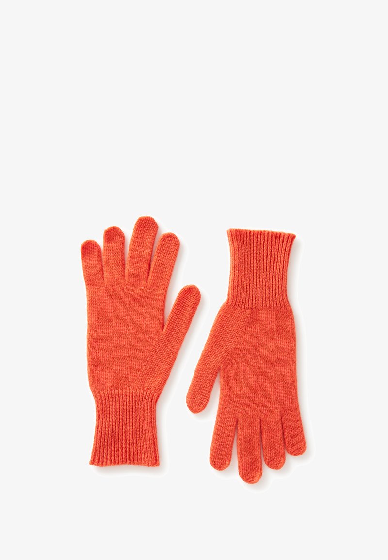 Guantes de lana naranja con puños acanalados, que cuentan con cinco dedos y un acabado texturizado, diseñados para brindar calidez y comodidad.