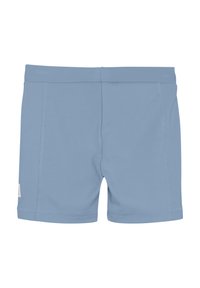 Ljust blå badbyxor tillverkade av ett glatt, elastiskt material. Har rena linjer, resårmidja och minimal sömnadsdetalj.