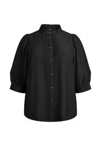 Svart blus med hög krage, knappfront och veckad detaljering. Har puffade ärmar och en ledig passform. Slät texturerad tyg.