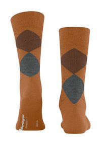 Calze argyle marroni con motivi a diamante blu e marroni. Materiale in cotone con bordo a coste e tallone rinforzato. Taglia 43-45 indicata.