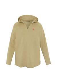Sweat à capuche beige avec un col en V, présentant un motif brodé sur la poitrine, des manches longues et un ourlet incurvé. Texture douce.