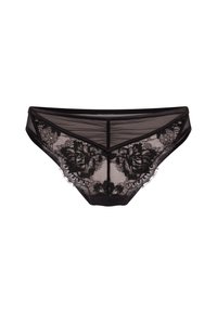 Culotte en dentelle noire avec des motifs floraux et un tissu en maille transparente, dotée d'un bord en dentelle festonné.