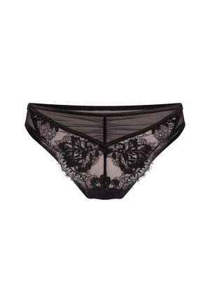 Schwarze Spitzen-Bikiniunterwäsche mit floralen Mustern und durchsichtigem Mesh-Stoff, ausgestattet mit einem gewellten Spitzenrand.