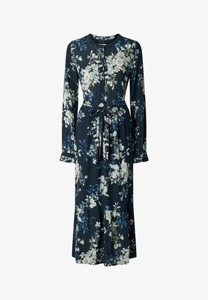 Ziedu midi kleita tumši zilā krāsā ar garām piedurknēm, apaļu kakla izgriezumu un jostu viduklī. Iezīmējas ar pakāpeniski viļņotu apakšmalu un sarežģītiem gaiši ziliem rakstiem.