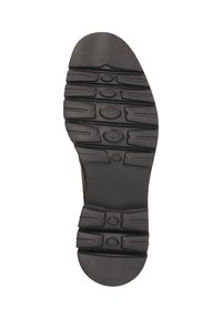 Semelle de chaussure en caoutchouc noir avec motifs de grip texturés, accents circulaires surélevés et rainures de traction définies pour une stabilité améliorée.