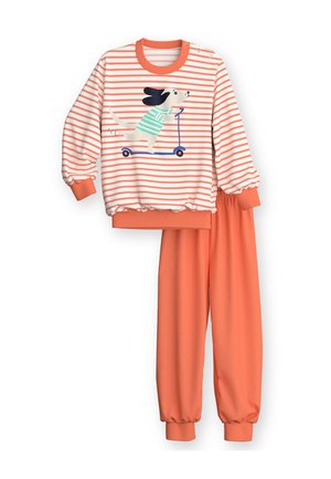 Kinder-Zweiteiler mit korallfarbenen Hosen und einem weiß-korallgestreiften Langarmshirt mit einem Hund, der einen Roller fährt.