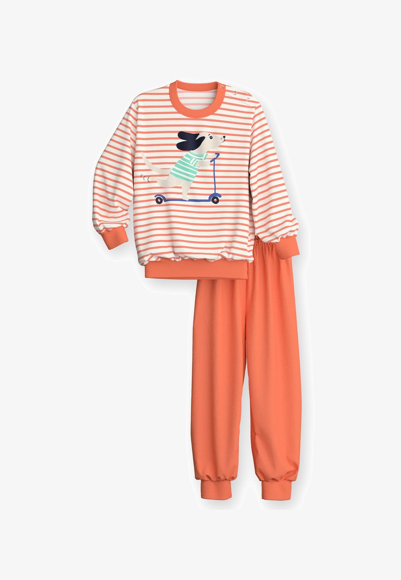 Kinder-Zweiteiler mit korallfarbenen Hosen und einem weiß-korallgestreiften Langarmshirt mit einem Hund, der einen Roller fährt.