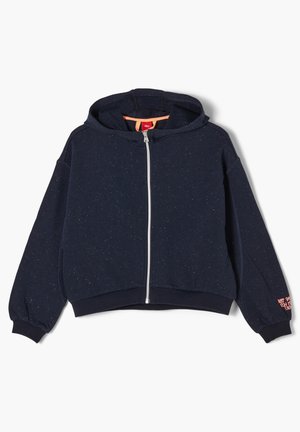 Felpa con cappuccio con zip, blu navy screziata, con maniche lunghe a sbuffo, polsini a coste, cappuccio e piccolo testo arancione sul polsino della manica sinistra.