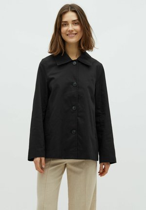 Black button-up jacket with a wide collar, long sleeves, and a straight cut. Features front pockets and smooth fabric texture.