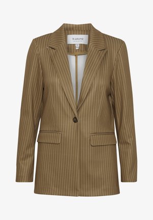 Brūns pinstripes bleiseris ar pieguļošu dizainu, viens pogas aizdare, divas priekšējās kabatas un asā veida apkakle. Izgatavots no gludas auduma.
