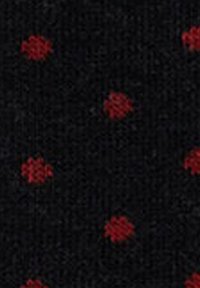 Tessuto nero con una superficie strutturata, caratterizzato da pois rossi distribuiti in modo uniforme. Il motivo complessivo è semplice e uniforme.