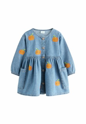 Denimkleid mit langen Puffärmel, rundem Ausschnitt, Frontknöpfen und Taschen. Verfügt über orangefarbene Obststickerei überall.