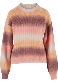 Gebreide trui met een ronde halslijn en lange mouwen. Gradient ontwerp in perzik, roze en bruine tinten met een ribbelstructuur.