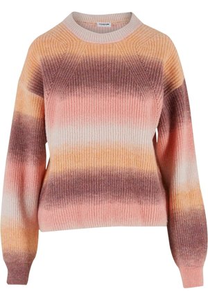 Maglione lavorato a maglia con scollo rotondo e maniche lunghe. Design gradient in tonalità pesca, rosa e marrone con texture a costine.