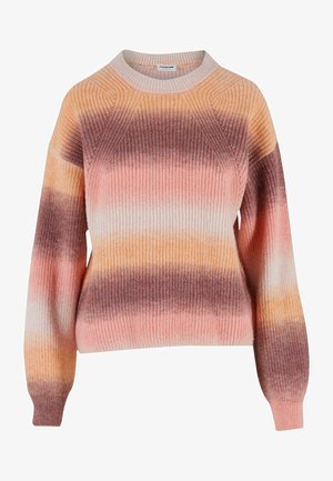 Strickpullover mit rundem Halsausschnitt und langen Ärmeln. Farbverlauf-Design in Pfirsich-, Rosa- und Brauntönen mit geripptem Textur.