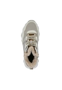 Beige athletic shoe with a textured fabric upper, featuring fur lining, round toe, sporty design, and lace-up closure. Soft, cushioned insole.