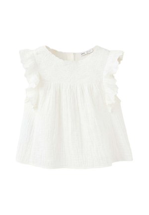 Robe bébé blanche sans manches avec empiècement brodé et détails froncés aux épaules, confectionnée en tissu léger texturé.