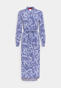 Lange mouwen, jurk met knoopsluiting in lichtpaars met een wit abstract letterspatroon, voorzien van een tailleceintuur en een gebogen zoom.