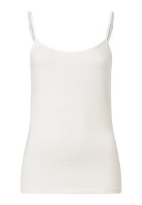 Weißes, tailliertes Tanktop aus weichem Stoff, mit dünnen verstellbaren Trägern und einem glatten, nahtlosen Design. Keine Muster oder Akzente.