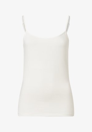 White, fitted tank top made of soft fabric, featuring thin adjustable straps and a smooth, seamless design. No patterns or accents.