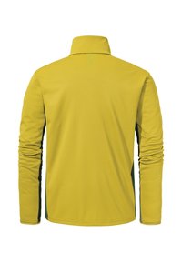 Langärmliges Poloshirt in leuchtendem Gelb, mit strukturiertem Stoff und grünen Akzenten an den Seiten. Hoher Kragen und minimalistisches Design.