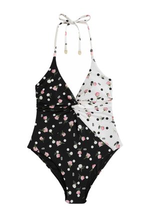 Einteiliger Neckholder-Badeanzug mit schwarz-weißen Einsätzen, verziert mit rosa Rosenmotiven und schwarz-weißen Polka-Dots.