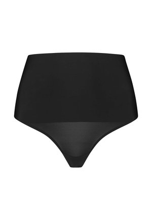 Hoge taille zwarte string gemaakt van glad, rekbaar fabric. Heeft een eenvoudig ontwerp zonder patronen of hardwaredetails.