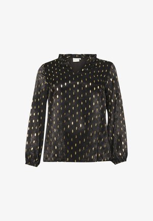 Melna blūze ar garām piedurknēm un V-veida kakla izgriezumu, rotāta ar zelta lapām līdzīgām rakstām. Izgatavota no gludas auduma ar nedaudz spīdīgu tekstūru.