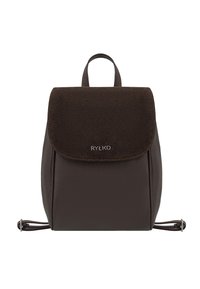 Zaino compatto in pelle e suède marrone scuro con manico superiore, spallacci regolabili e logo "RYŁKO" sulla chiusura a patta.