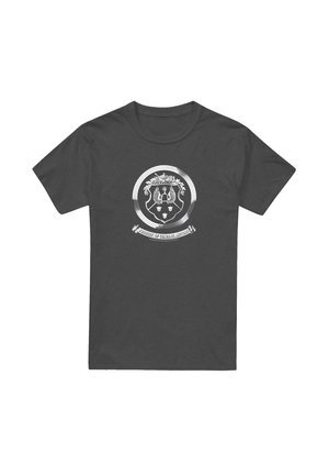 Dunkelgraues Baumwoll-T-Shirt mit kurzen Ärmeln und Rundhalsausschnitt, das ein weißes grafisches Design eines Wappens und Text zeigt.