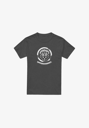 Dark gray cotton t-shirt with short sleeves and a round neckline featuring a white graphic design of a coat of arms and text.