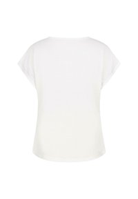 Hvid bomulds T-shirt, kortærmet, rund halsudskæring, løs pasform, glat tekstur, buet kant, bagfra. Ingen synlige mønstre eller detaljer.