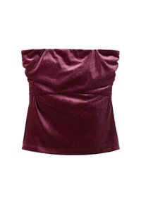 Pflaumenfarbener Samt-Bandeau-Top mit gerafftem Stoff am Ausschnitt und an den Seitennähten, das eine glatte Textur und eine figurschmeichelnde Silhouette aufweist.