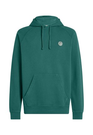 Roheline puuvillane kapuutsiga dressipluus ees oleva kängurutasku, paelaga kapuutsi ja rinnal oleva ümmarguse logoga; varustatud soonikkoes mansettide ja äärega.