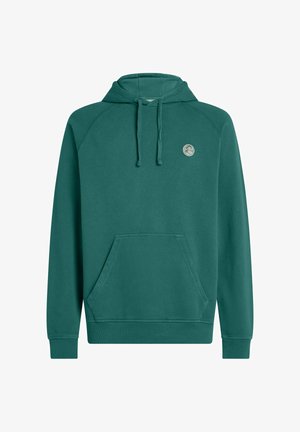 Roheline puuvillane kapuutsiga dressipluus ees oleva kängurutasku, paelaga kapuutsi ja rinnal oleva ümmarguse logoga; varustatud soonikkoes mansettide ja äärega.