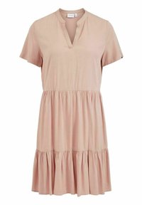 Short-sleeved pink dress with a notch collar, gathered waist, and a flared ruffle hem. Soft fabric with a smooth texture.