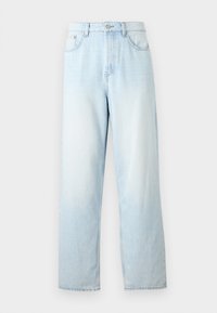 Light blue high-waisted jeans with a straight leg silhouette, made of denim. Features classic five-pocket design and a subtle fading effect.