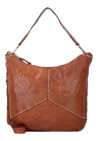 Borsa a spalla in pelle marrone con un design morbido, caratterizzata da dettagli con borchie lungo le cuciture e una sola tracolla.