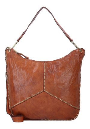Borsa a spalla in pelle marrone con un design morbido, caratterizzata da dettagli con borchie lungo le cuciture e una sola tracolla.